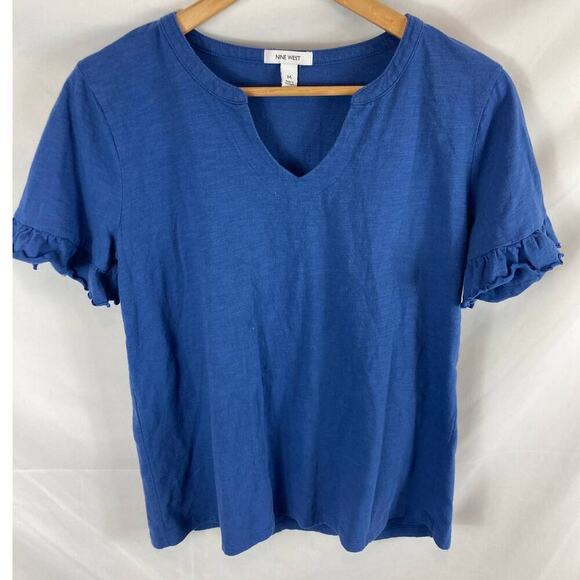Nine West Ruffle Sleeve V Neck Tshirt Blue Size Medium - Picture 1 of 5